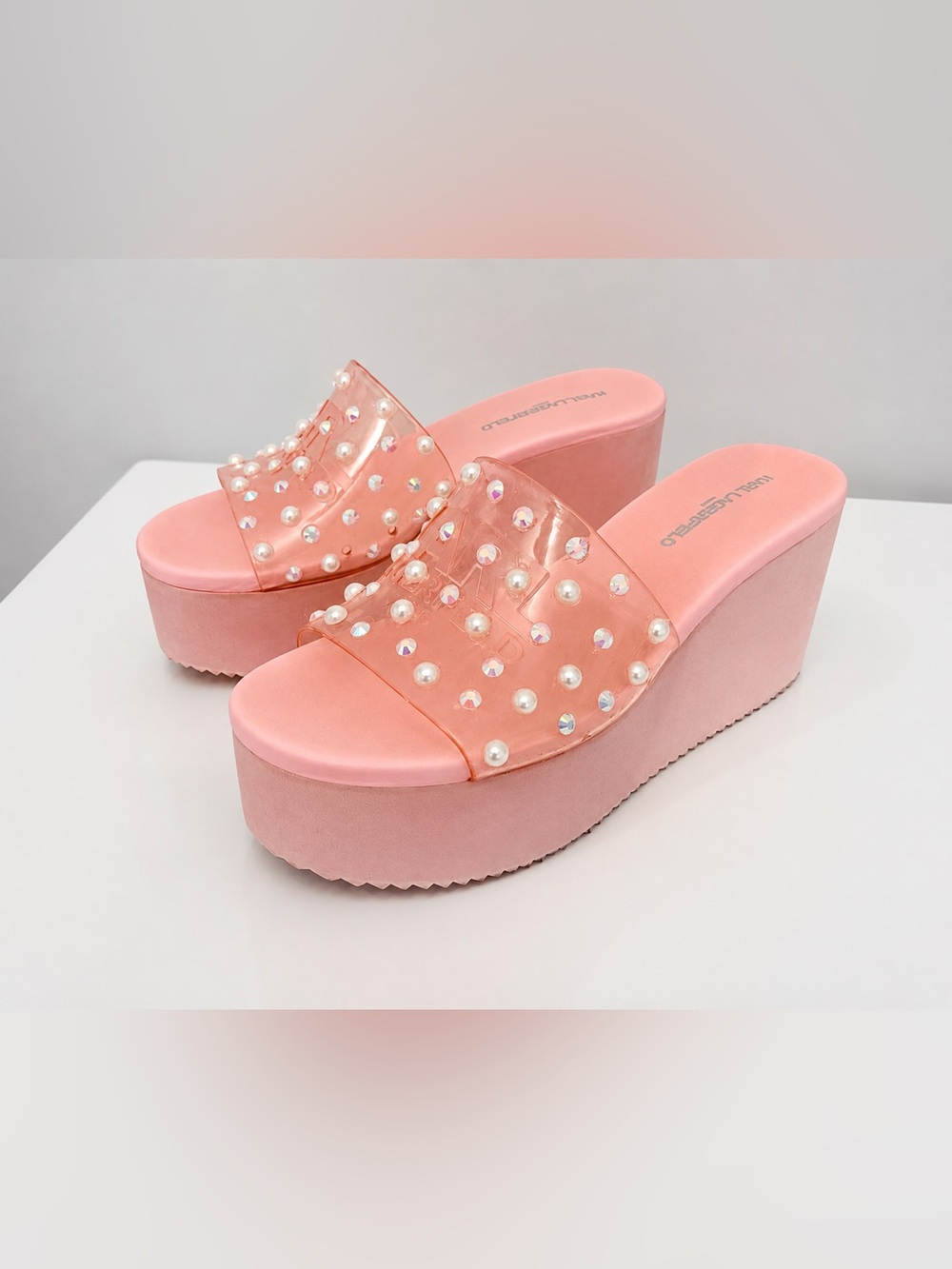 Karl Lagerfeld Luxury Slide Platform Sandals Pearl & Crystal Embellishments